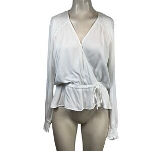 Cloth & Stone White Smocked Wrap Peplum Blouse Ecovero Viscose Small